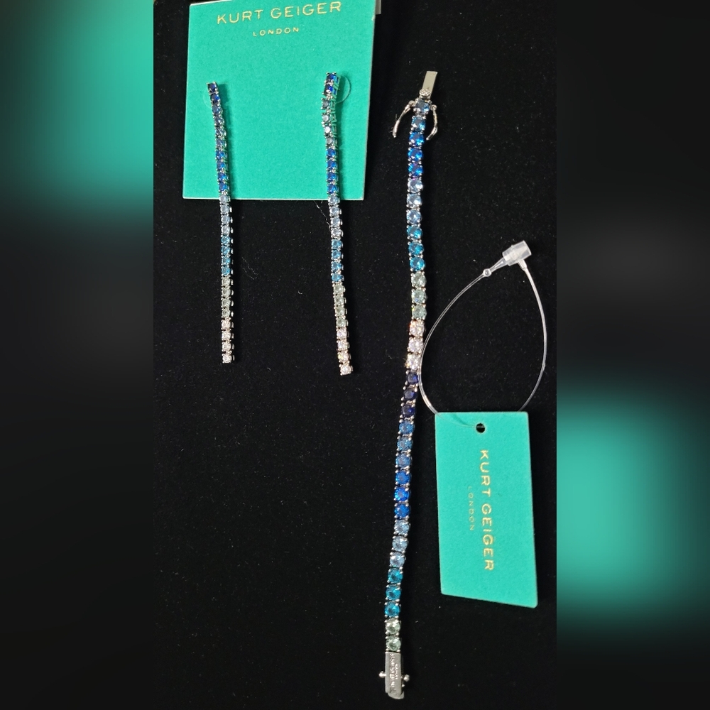 Kurt Geiger Blue, Raibow Crystal and Silver Earrings Bracelet Set